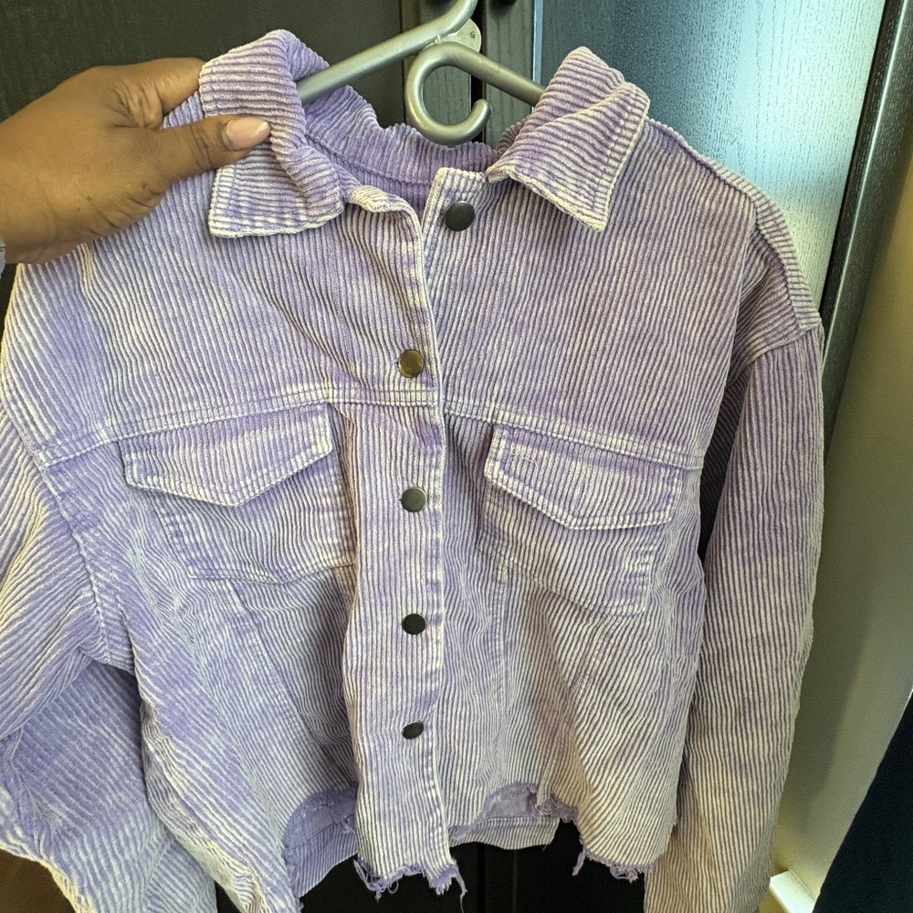 POL Relaxed Fit Frayed Hem Corduroy Trucker Jacket in Lavendar